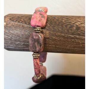 Pink Rhodonite Stone Beaded Silver Tone Dangle Bracelet